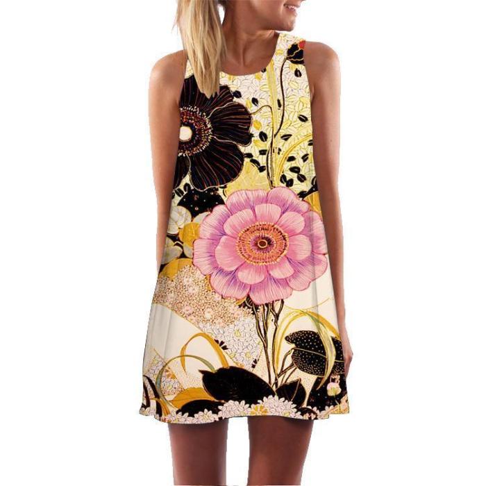 Floral Print Round Neck Sleeveless Dress