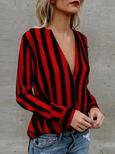 Red Stripes Chiffon Long Sleeve Shirts Blouse