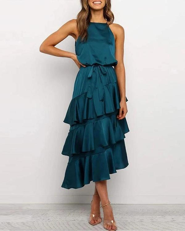 Elegant Solid Irregular Layered Skirt Tie Waist Maxi Dress