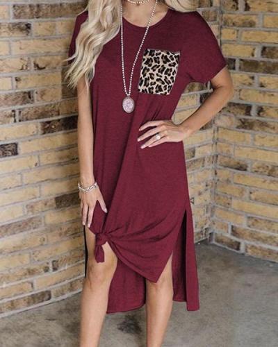 Leopard Pocket Slit Casual Dress without Necklace