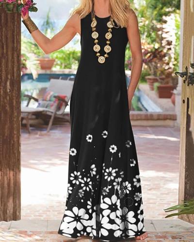 Casual Print Round Sleeveless Maxi Dress