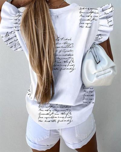 Letter Pattern Print Ruffles Sleeve Casual Shirt Top