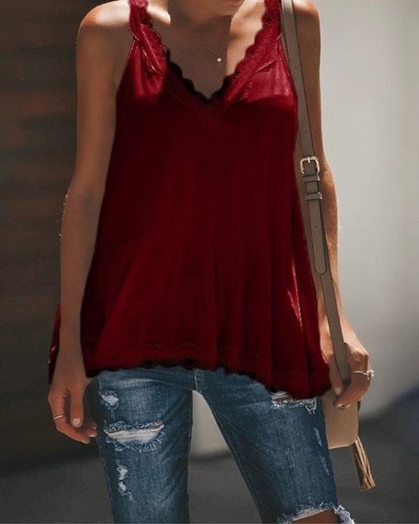 Women Casual  V Neck Paneled Spaghetti Solid Sexy Camis Tops