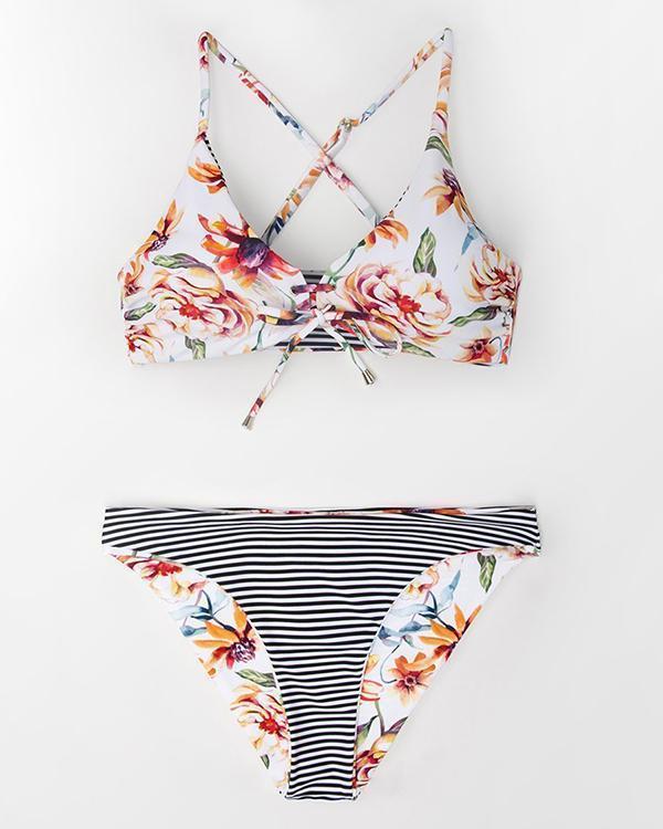 Floral And Striped Reversible Bikinis Set