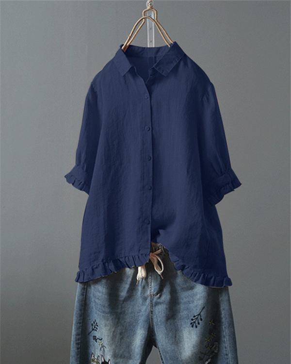 Lace Button Turn Down Collar Solid Color Shirt