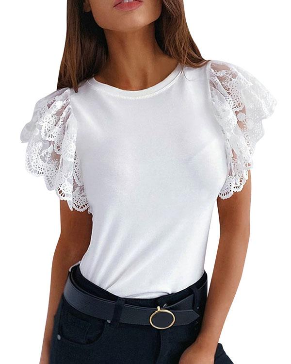US$ 24.69 - Lace Flounce Sleeve Black and White Solid T-shirts - www ...