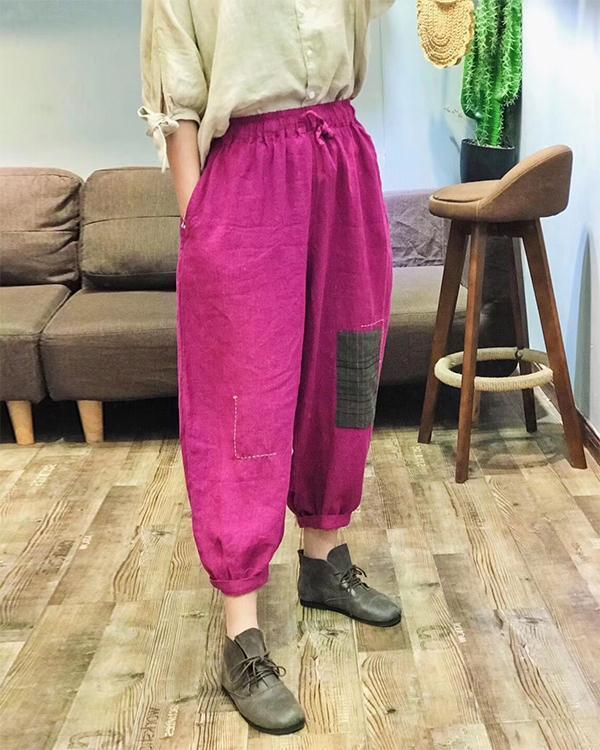 Retro Elastic Linen and Cotton Embroidery Pants