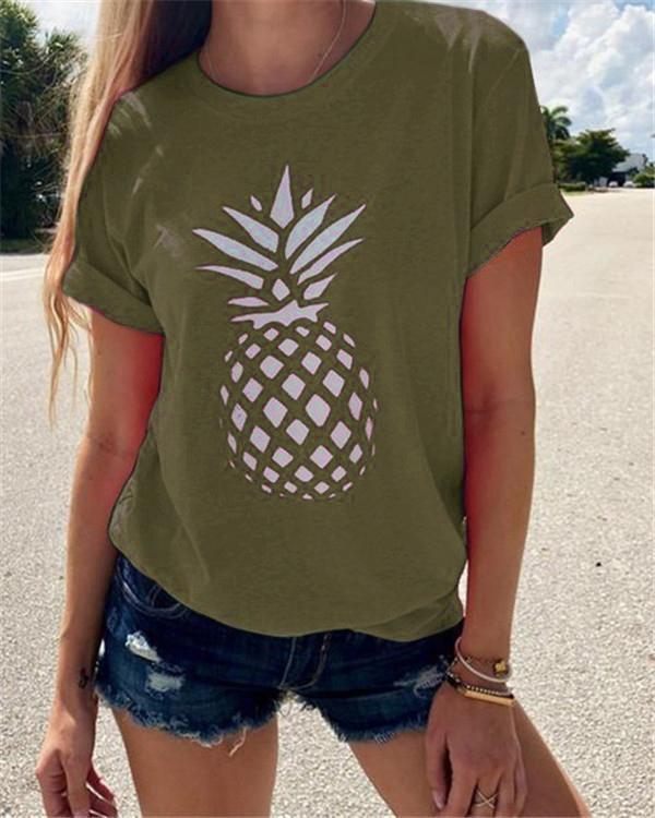 Round Neck Pineapple Printed Women Summer Casual Tops