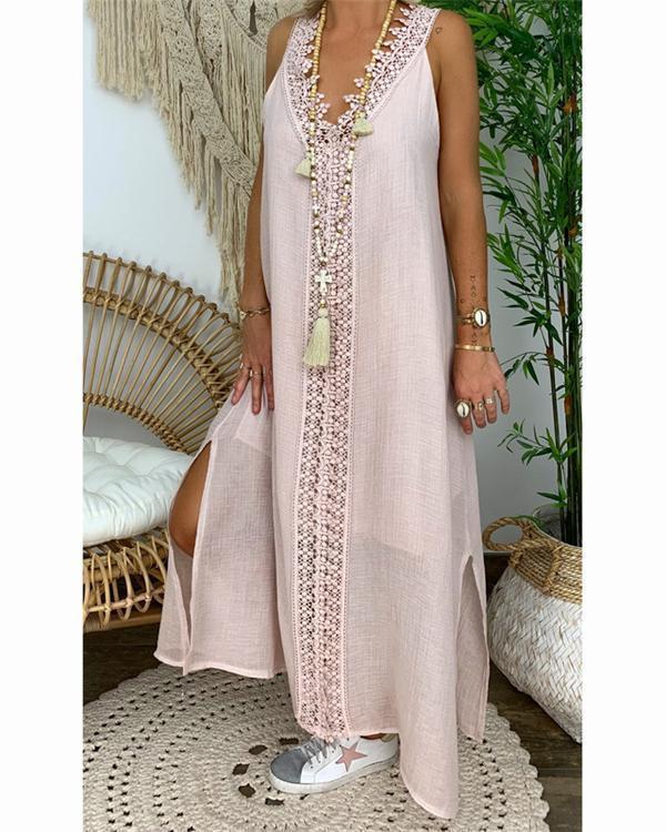 Women Solid V Neck Sling Sleeveless Lace Maxi Dress