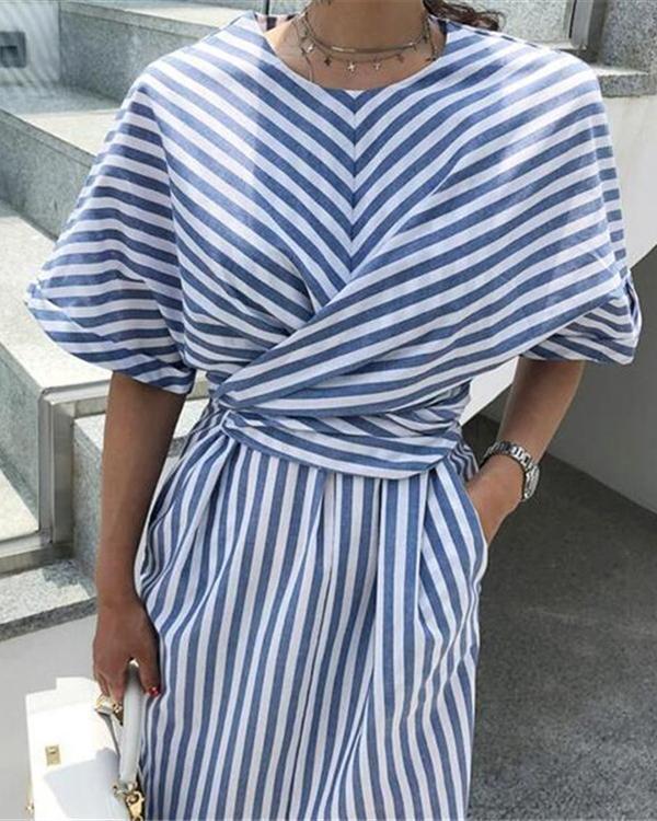 Elegant Stripe Short Sleeve Front Split Dress