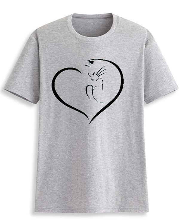 Round Neck Cat Print Sleeve T-shirt