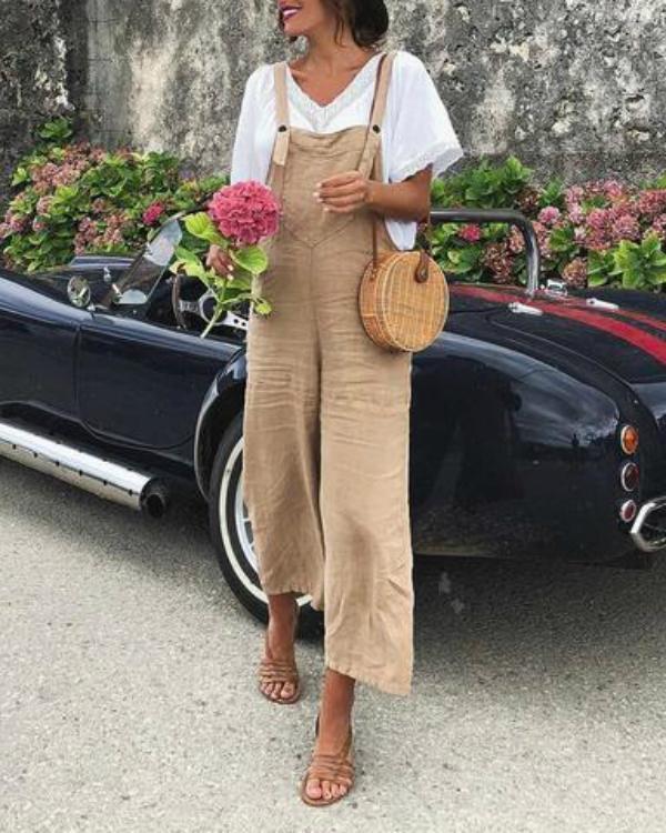 Khaki Casual Linen Wide Leg Jumpsuit