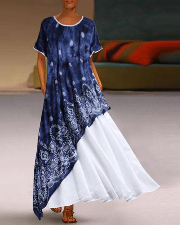 Paneled Floral Print Irregular Casual Maxi Dress