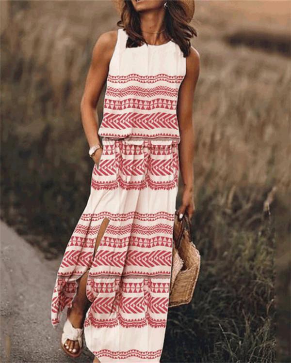 Printed Sleeveless Round Neck Holiday Daily Fashion Maxi Dresses