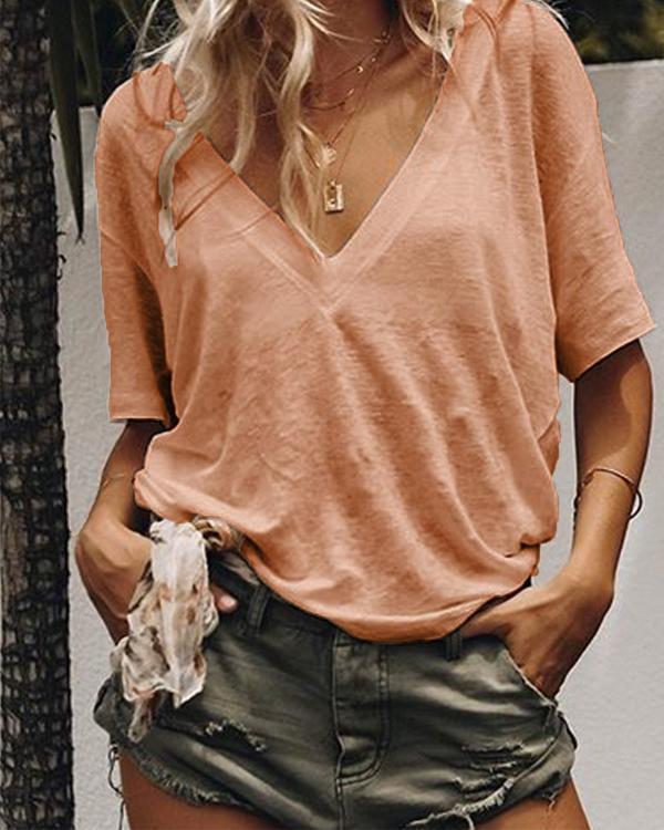 Plus Size Summer V-Neck Short-Sleeved Solid Color Casual T-Shirts Tops