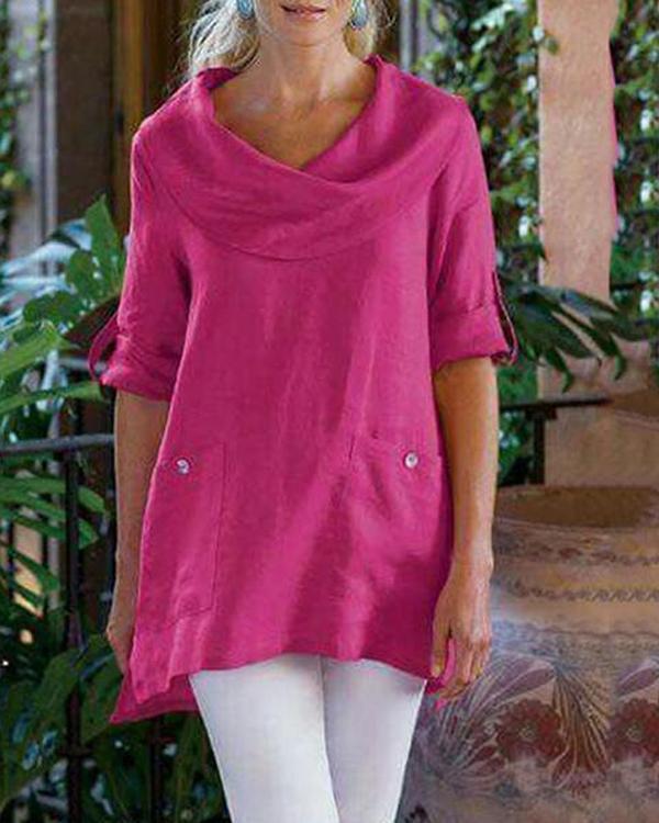 Pocket Solid Long Sleeve Cowl Neck Plus Size Blouses Tops