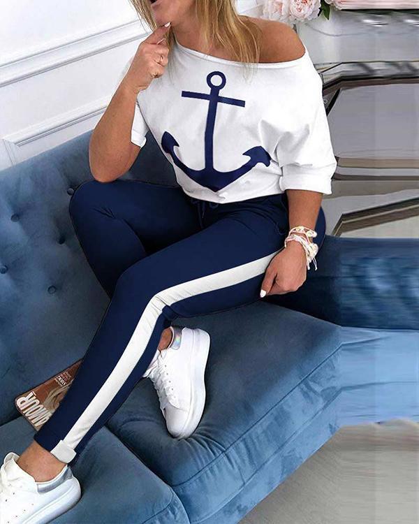 Women Spring sexy off shoulder Elastic Waist Tracksuit sets