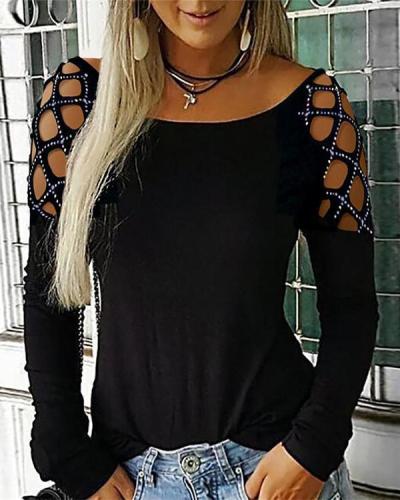 Plus Size Shirts Women Casual Hollow-Out Shoulder Long Sleeve T Shirts Blouse Tops