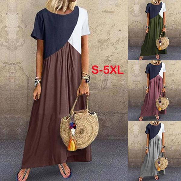 Plus Size Stitching Color Short Sleeve Maxi Dress