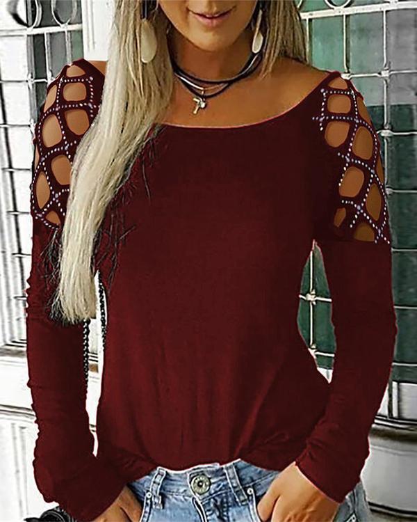 Plus Size Shirts Women Casual Hollow-Out Shoulder Long Sleeve T Shirts Blouse Tops