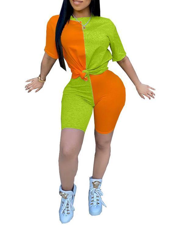 Casual Color Contrast Tracksuit Top & Shorts Set