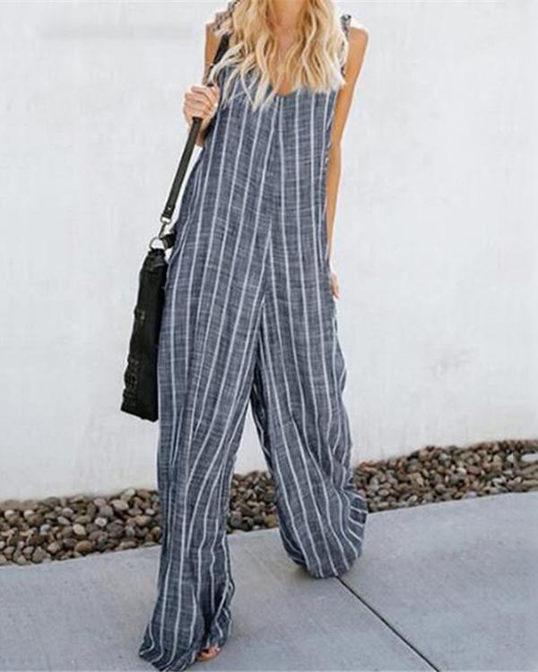 Pockets Loose Striped Jumpsuits