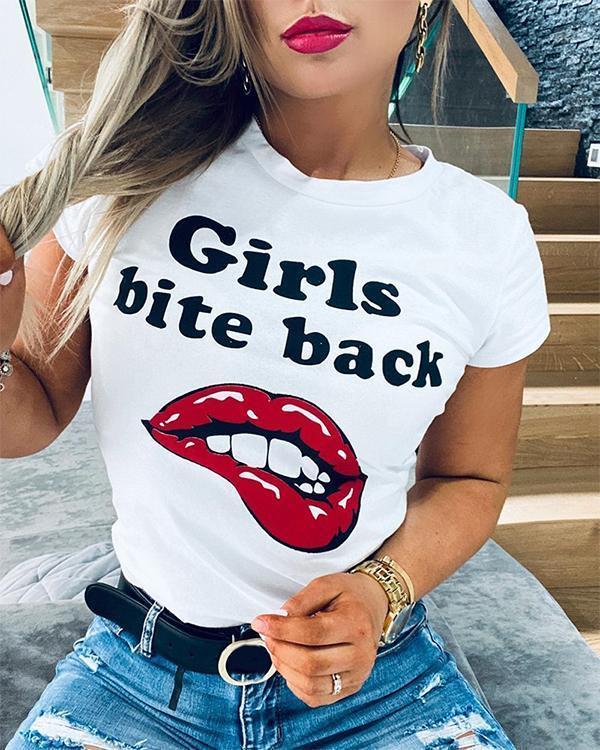 Letter Lip Print Short Sleeve Casual T-shirt