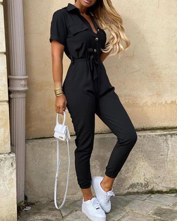 Women Short Sleeve Bottoned Jumpsuit