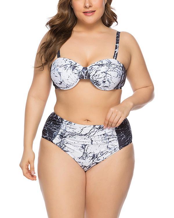 Plus Size Marble Print Women's Split Swimsuit