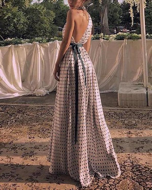 Polka Dot Maxi Dresses White One Shoulder Sash Sleeveless Irregular Hem Party Dress