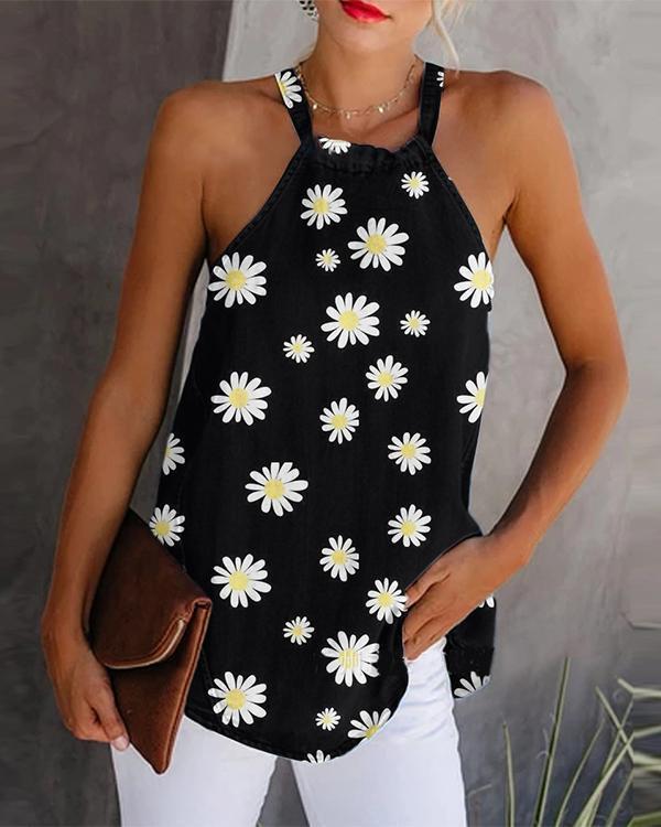 Print Floral Round Neck Sleeveless Casual Tank Tops