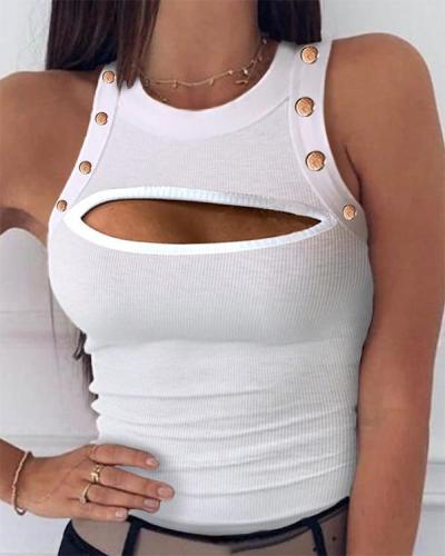 Solid Cut Out Design Round Neck Tank Top