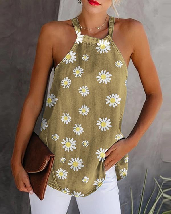 Print Floral Round Neck Sleeveless Casual Tank Tops