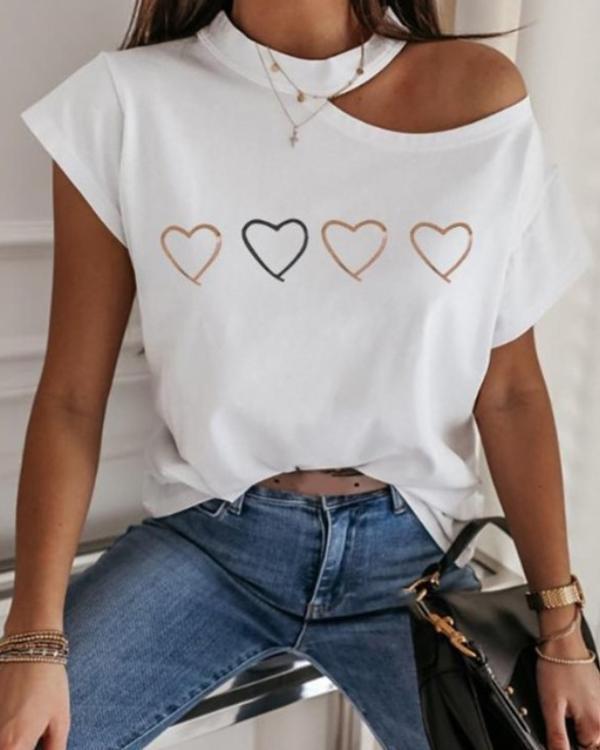 Print Cold Shoulder Short Sleeve T-shirt