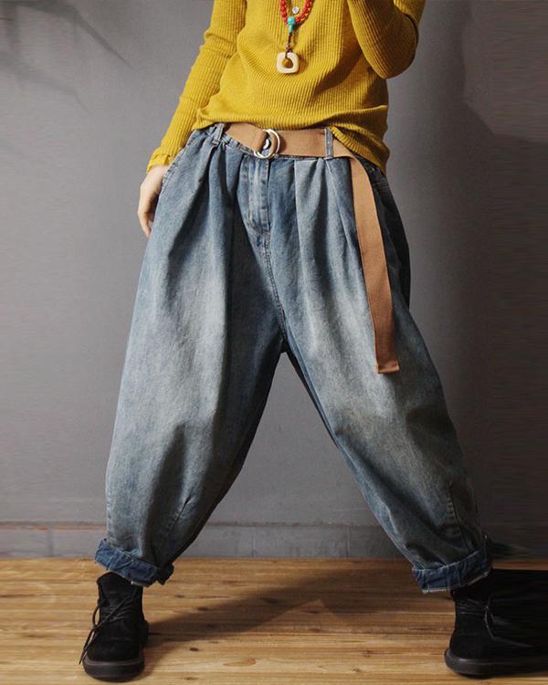 US$ 48.99 - Vintage Denim Loose Elastic Waist Pants - www.narachic.com