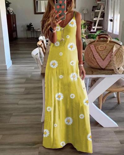 Sleeveless Floral Print V Neck Holiday Maxi Dress