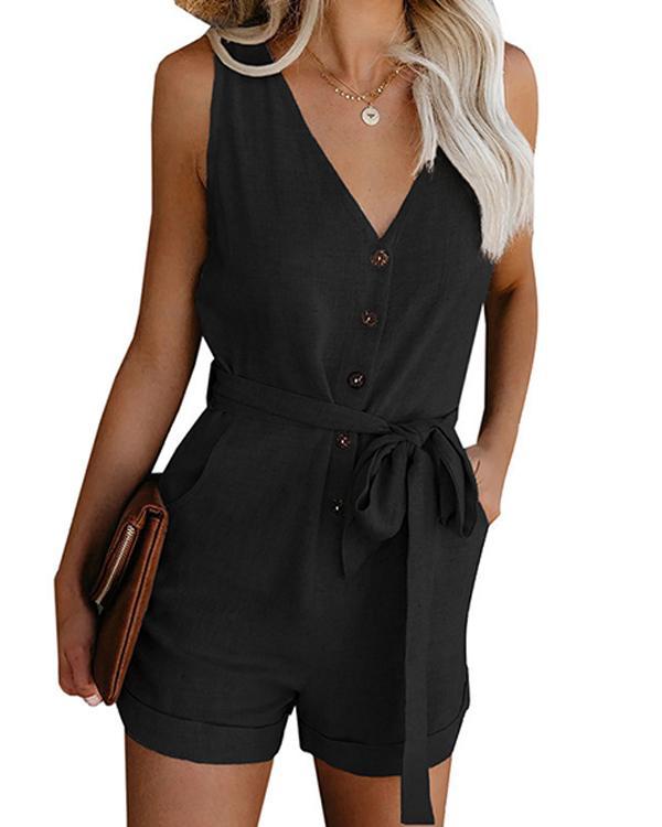 Casual V-neck Button Belt Sleeveless Rompers