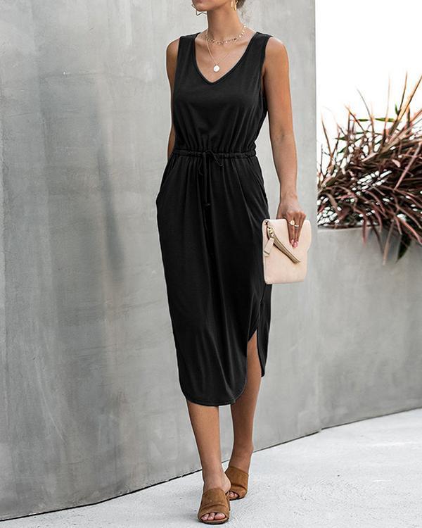 Lace-up Solid Color Midi Dress