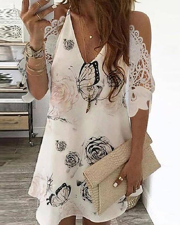 Cold Shoulder Crochet Lace Printed Hollow Out Casual Dress