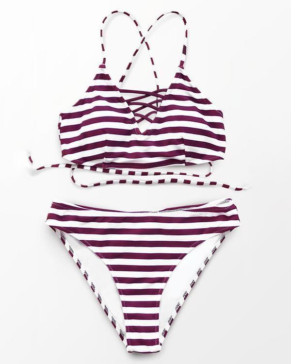 Sexy Striped Lace Up Bikini