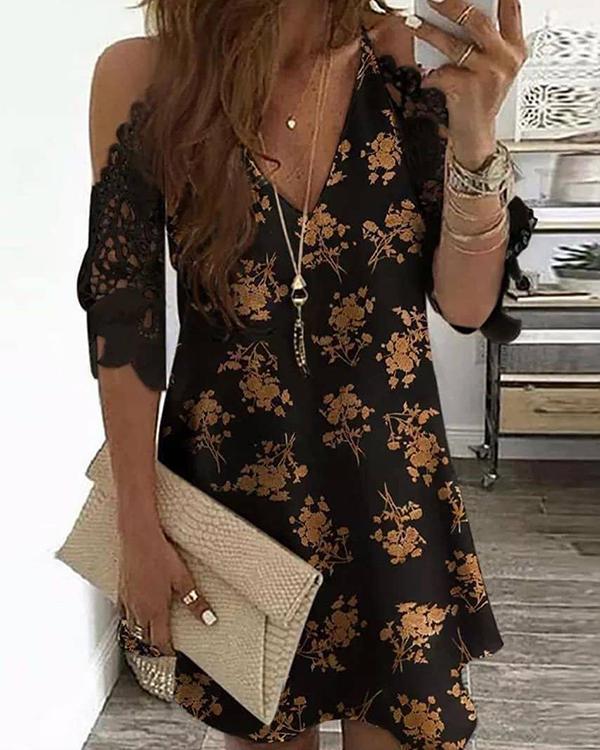 Cold Shoulder Crochet Lace Printed Hollow Out Casual Dress