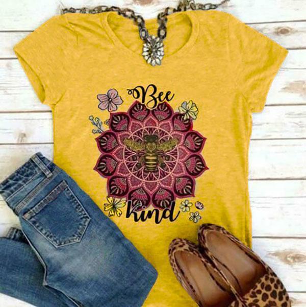 Women Short Sleeves Round Collar Top Bee Printed T-shirt