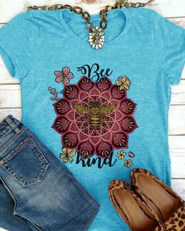 Women Short Sleeves Round Collar Top Bee Printed T-shirt