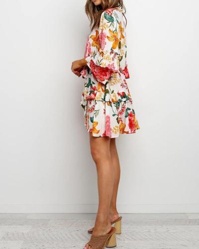 Flounce Lace-Up Floral Print Mini Dress
