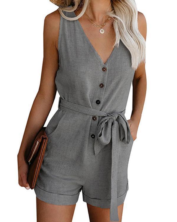 Casual V-neck Button Belt Sleeveless Rompers