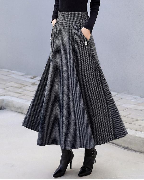 Women Woolen Elegant High Waist Plaid Skirts