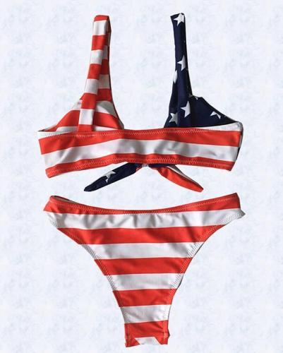 Sexy Knotted Flag Printed Split Bikinit
