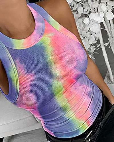 Tie Dye Round Neck Ribbed Tank Top