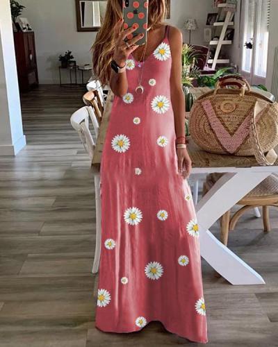 Sleeveless Floral Print V Neck Holiday Maxi Dress