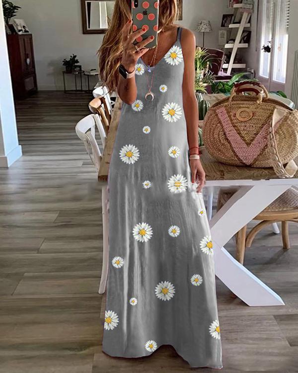 Sleeveless Floral Print V Neck Holiday Maxi Dress